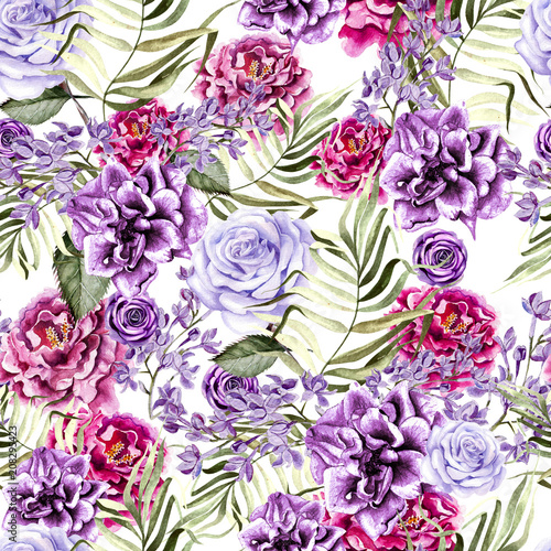 Beautiful watercolor pattern with peony and rose flowers, lilac and tropical ...