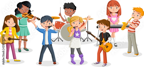 Cartoon children playing on a rock'n'roll band Stock Vector | Adobe Stock