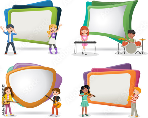 Text box frame background with cartoon children playing on a rock'n'roll band