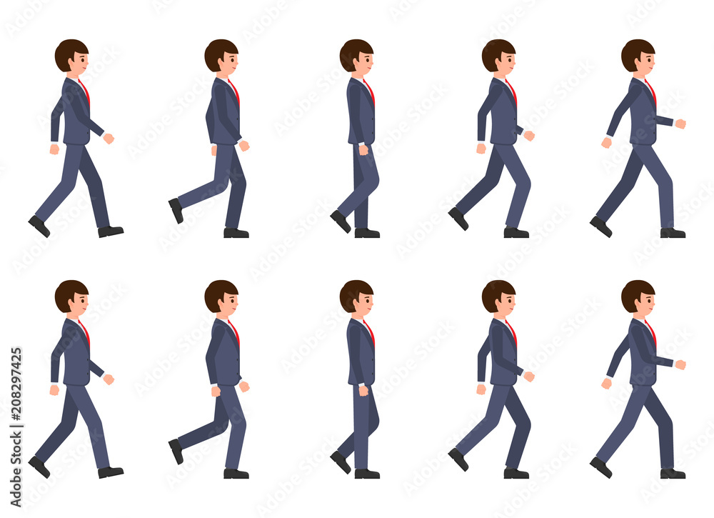Young man in dark blue suit walking sequence. Vector illustration of ...