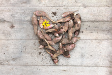 Heart From The Roots Of Fresh Organic Topinambur Or Jerusalem Artichoke Helianthus Tuberosus On Wooden Background. Diabetic Friendly Food With Inulin.
