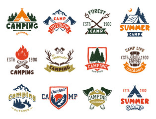 set of vintage woods camp badges and travel logo hand drawn emblems nature mountain camp outdoor vec
