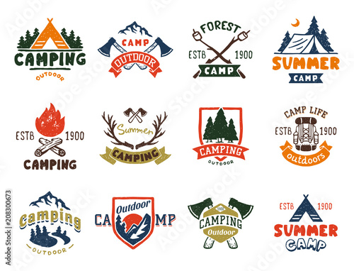 Cuadros en Lienzo Set of vintage woods camp badges and travel logo hand drawn emblems nature mountain camp outdoor vector illustration