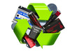 Green recycle symbol with batteries, 3D rendering