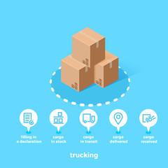 set of icons for shipping and boxes on a blue background, isometric image