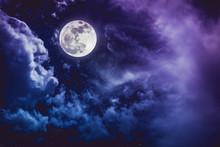Night Sky With Bright Full Moon And Cloudy, Serenity Nature Background.