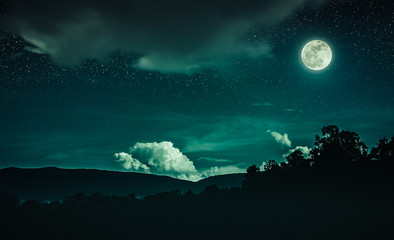 Wall Mural - Landscape of emeral night sky with many stars and beautiful full moon.