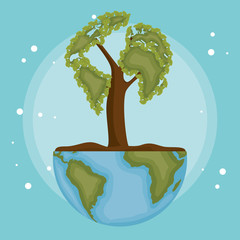 Sticker - world planet with tree ecology icon vector illustration design