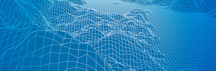 digital landscape with mountains or hills made of line grid