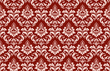 Wallpaper In The Style Of Baroque. A Seamless Vector Background. Red And White Floral Ornament. Graphic Pattern For Fabric, Wallpaper, Packaging. Ornate Damask Flower Ornament