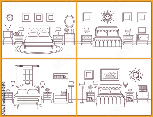 Hotel Room Interior Bedroom With Beds Vector Outline Flat