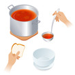 Flat isometric illustration of saucepan with tomato soup, hands with piece of bread and ladle, empty bowl. Steel pan with vegetable broth, kitchen utensils. Cooking and eating food vector concept.