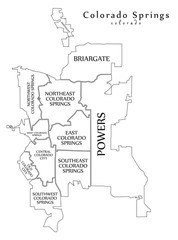  Modern City Map - Colorado Springs CO city of the USA with neighborhoods and titles outline map