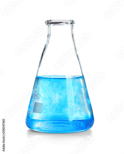 Laboratory glassware with liquid on white background