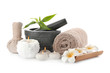 © Pixel-Shot - Spa composition with mortar, candles and clean towel on white background