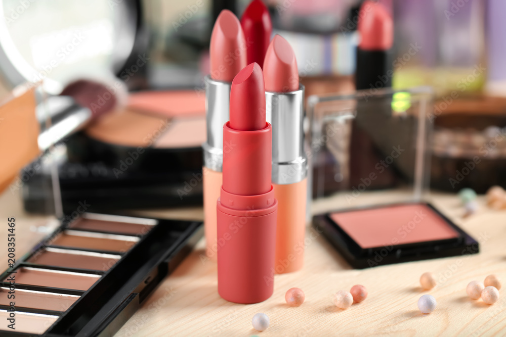 Professional cosmetics on table, closeup