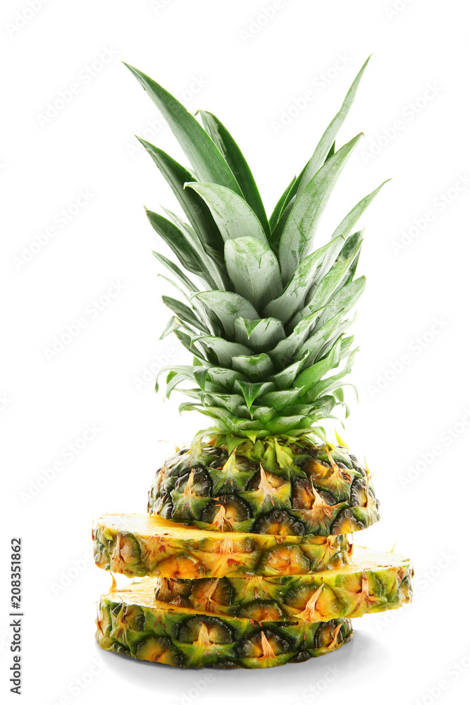 Sliced ripe pineapple on white background