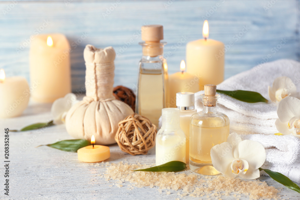 Set for spa treatment on wooden table