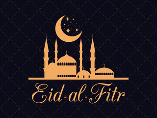 Eid al Fitr. Islamic holiday. Greeting card with a mosque and the moon. Eid Mubarak. Vector illustration