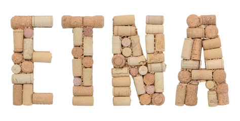  Word  Etna made of wine corks Isolated on white background