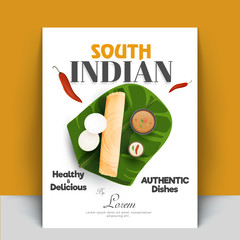 Poster - Authentic south indian cook book or recipe book cover designs with masala dosa, sambhar, coconut chutney, and idli.