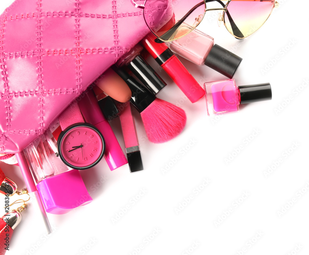 Set of decorative cosmetics and accessories on white background, top view