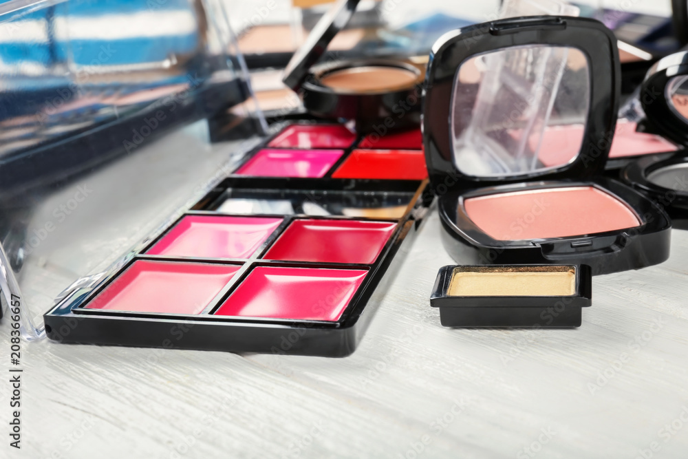 Decorative cosmetics on table, closeup