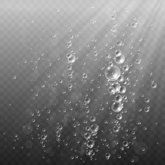 Wall Mural - Transparent Bubbles in water. Deep water bubbles illuminated by rays of light on a transparent dark background. Fizzy sparkles in water. Vector illustration.