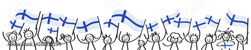 Photographie Cheering crowd of happy stick figures with Finnish national flags, smiling Finla