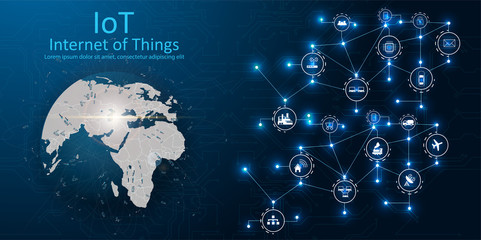 Fototapete - Internet of things (IOT), devices and connectivity concepts on a network, cloud at center. digital circuit board above the planet Earth.