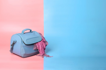 Travel bag and scarf on soft pink and light blue pastel colored background, Copy space, Trendy vanilla colors