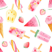 Watercolor Pattern Of Ice Cream And Fruit. Summer Texture Of Ice Cream, Watermelon And Strawberries On A White Background.