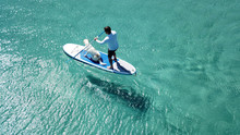 Aerial Photo Of Man Sup Paddling With His Cute Dog In Caribbean Tropical Beach With Turquoise Waters