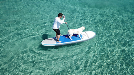 Wall Mural - Aerial photo of man sup paddling with his cute dog in caribbean tropical beach with turquoise waters