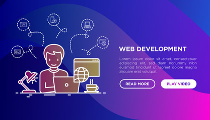 Web developer is working overtime on laptop concept. Template of web page with thin line icons of programming, mobile app, strategy, artificial intelligence, optimization. Vector illustration.