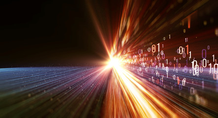 Poster - Binary background/ Color bytes of binary code flying through a vortex, background code depth of field and flares. Data transmission channel. Motion of digital data flow. Transferring of big data
