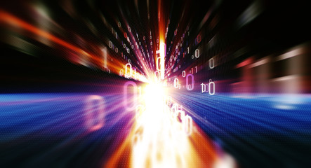 Binary background/ Color bytes of binary code flying through a vortex, background code depth of field and flares. Data transmission channel. Motion of digital data flow. Transferring of big data