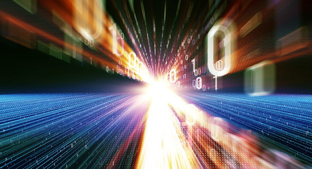 Leinwandbilder - Binary background/ Color bytes of binary code flying through a vortex, background code depth of field and flares. Data transmission channel. Motion of digital data flow. Transferring of big data