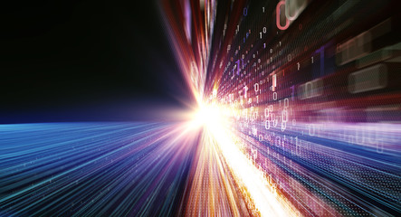 Poster - Binary background/ Color bytes of binary code flying through a vortex, background code depth of field and flares. Data transmission channel. Motion of digital data flow. Transferring of big data