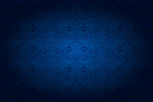 Vintage Horizontal Background In Dark Blue Ultramarine, With Classic Baroque Pattern, Rococo With Darkened Edges