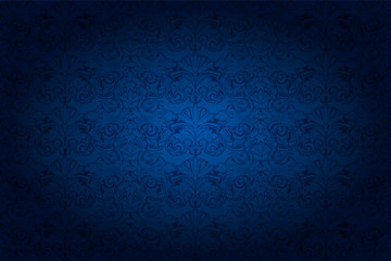 vintage horizontal background in dark blue ultramarine, with classic Baroque pattern, Rococo with darkened edges