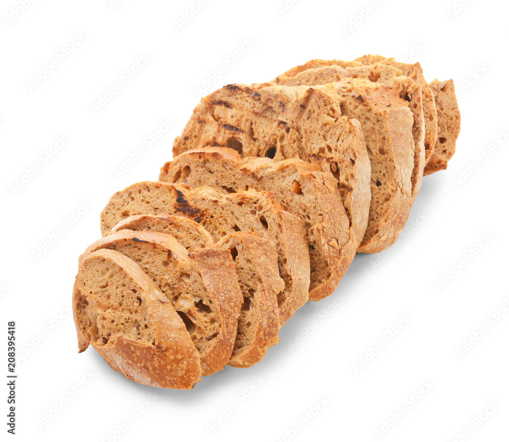 Tasty toasted bread on white background