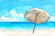 Umbrella on the wonderful tropical beach. Watercolor hand drawn illustration.