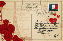 Retro Postcard With Eiffel Tower In Paris, France. Romantic Vector Postcard In Vintage Style With Red Hearts And Roses, Rubber Stamp And Words Paris Cafe On The Background Of Old Manuscript With Spots
