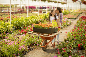 Young  playful florist enjoying work and ride the cart in the greenhouse