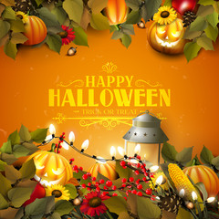 Poster - Halloween template with pumpkins and other traditional Halloween decorations on orange background.