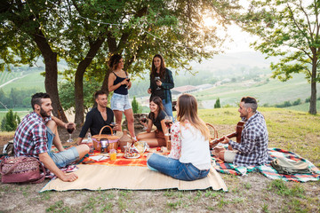 Wall Mural - Picnic in the countryside. Group of young friends, at sunset on spring day, are sitting on the ground in a park near trees. They drinking red wine and eating grilled meat with barbecue