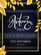 Vector autumn party poster with hand drawn lettering, yellow autumn leaves, doodle branches