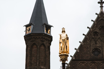 Golden Statue and Tower in The Hague, Holland, The Netherlands