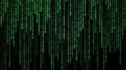 Binary code black and green background with digits moving on screen, Concept of digital age. Algorithm binary, data code, decryption and encoding, row matrix background.